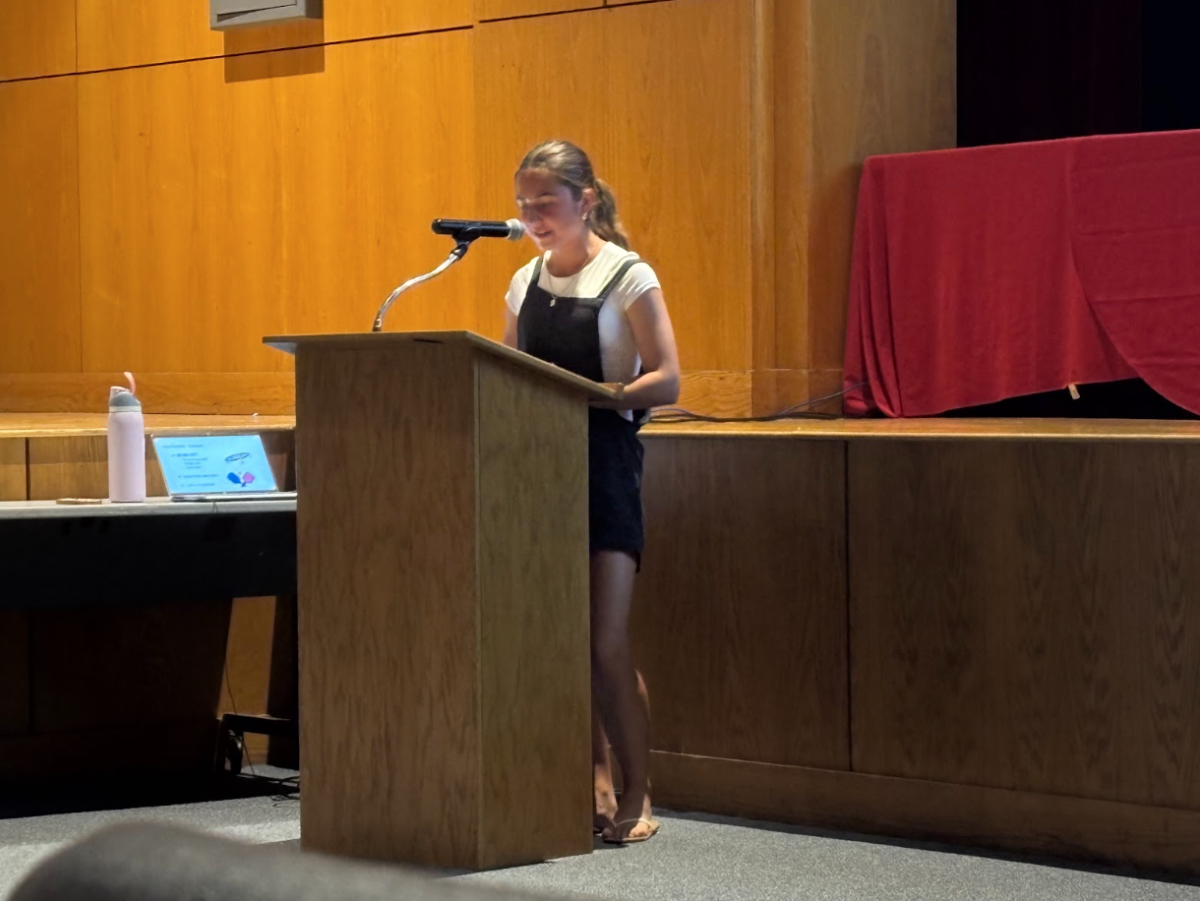Aria Giardino, a freshman running for the position of Treasurer, delivers her campaign speech.
